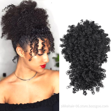 Wholesale Brown Afro Puff Hair Pieces Drawstring Ponytail Short Kinky Curly Chignon With Bangs Synthetic Hair Bun Extensions